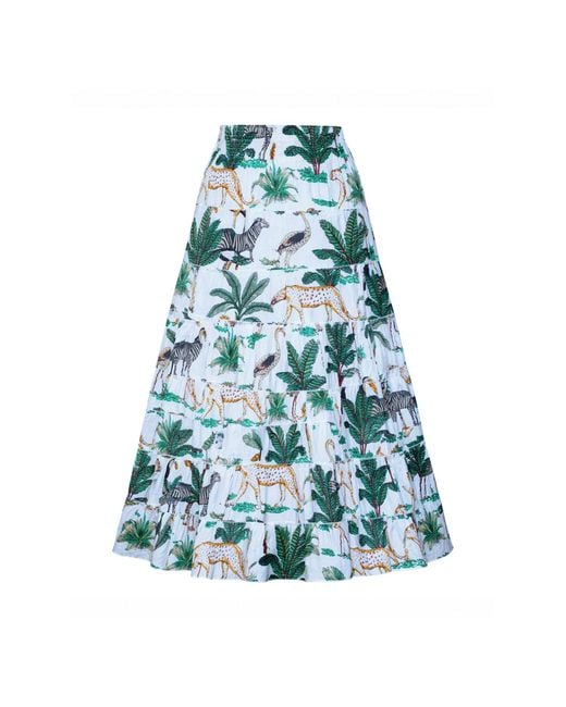Yumi' Blue Animal Print Cotton Tiered Maxi Skirt
