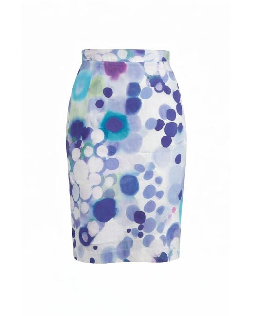 Conquista Blue Abstract Print Midi Pencil Skirt