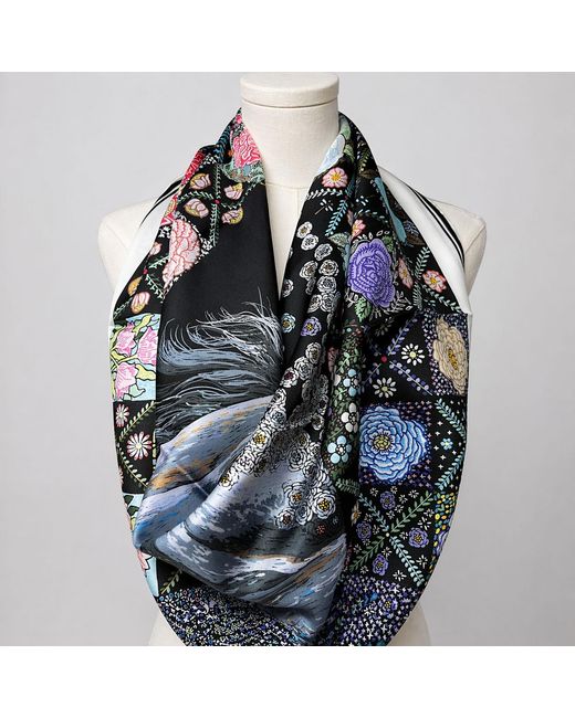 Wenzi Blue The Starlit Rider Hand Painted Pattern Double Sided Silk Twill Scarf