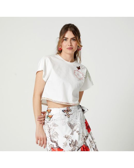 Lalipop Design White Embroidered Cropped Cotton T-Shirt