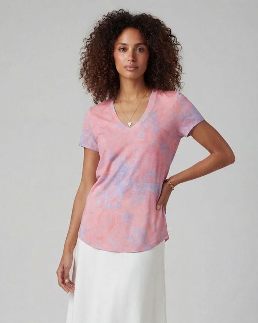 Lords of Harlech Pink Victoria Paisley Explosion Coral V-Neck Printed Top
