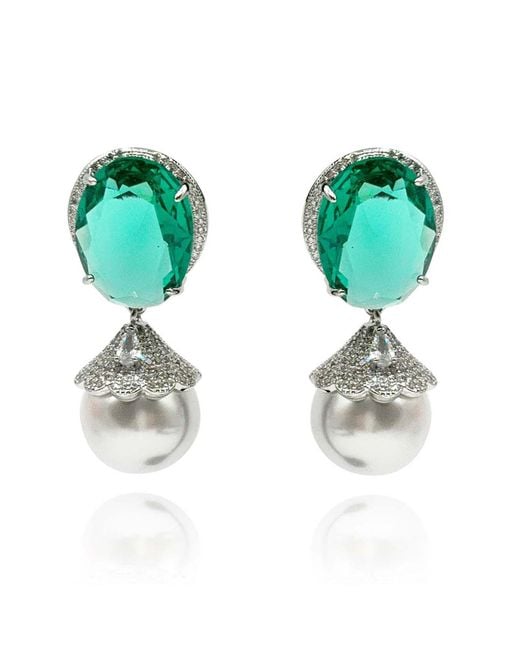 Michael Nash Jewelry Green Neutrals Giorgia Oval Emerald Cubic Zirconium Earrings With Glass Pearl Drop Earrings