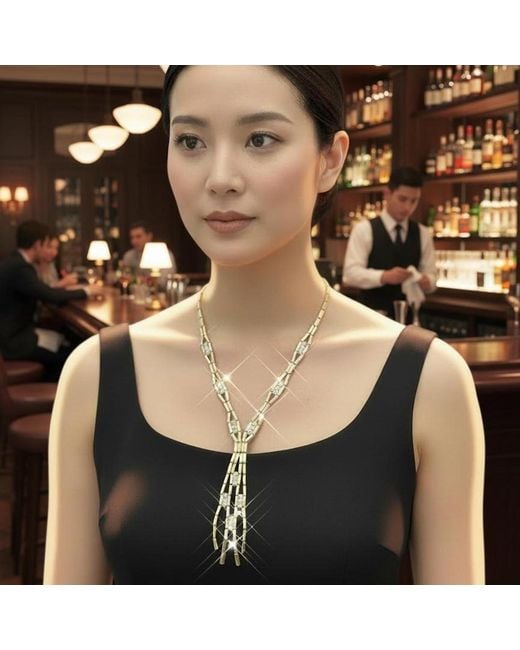 Caramel Vintage Jewellery Metallic Crystal Bar Lariat Necklace