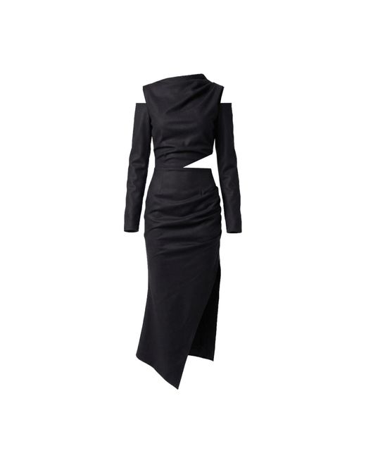 AVENUE No.29 Black Cut-Out Asymmetric Wool Midi Dress