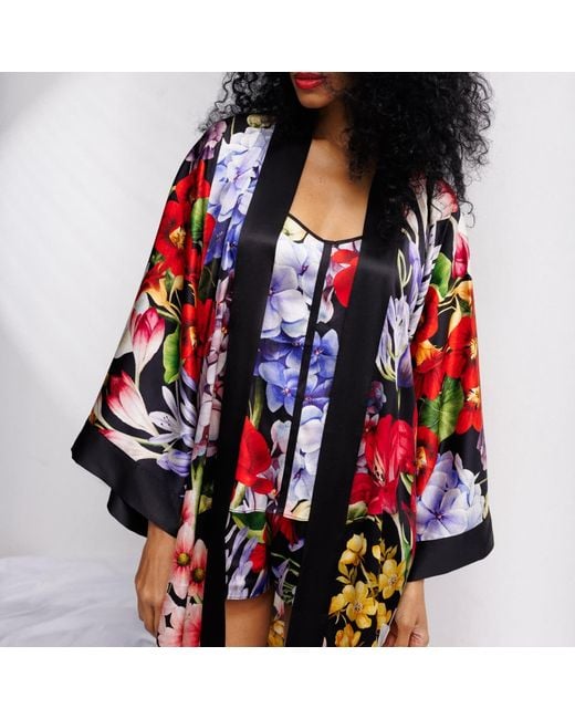 Vimissia Blue Wild Bloom Short Silk Kimono Stile Robe