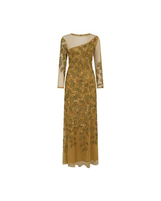 Raishma Metallic Sally A Long Sleeve Floor-length Gown With An Asymmetrical Sheer Neckline, Tonal Beading & Full Length Sleeves Gown