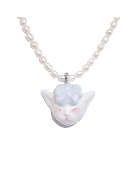 H2 Studio Metallic Angry Puss Light Misty Bow Tie Freshwater Pearl Necklace