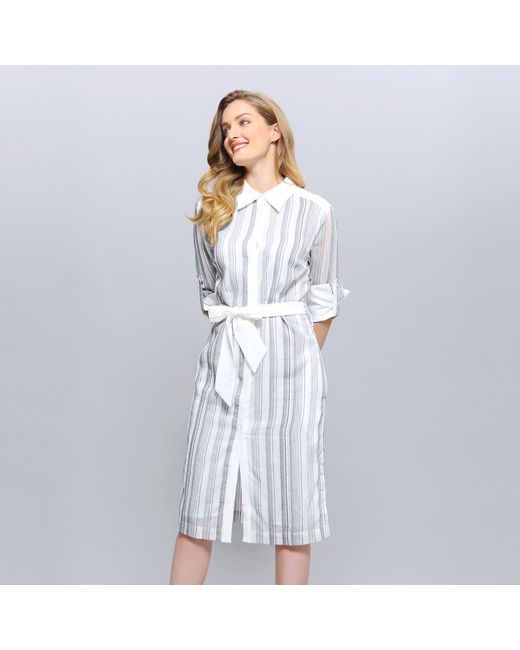Smart and Joy White Bi-Material Striped Shirt Dress