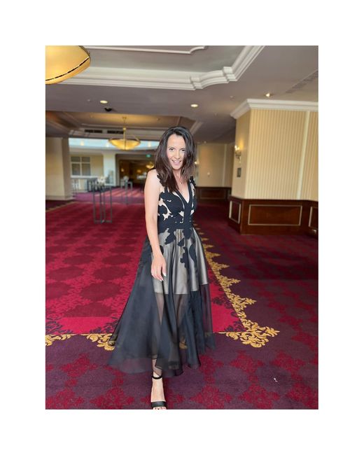 ALINA CERNĂTESCU Black Neutrals Fado And Silk Midi Dress Handcrafted Embroidery For Eveningwear