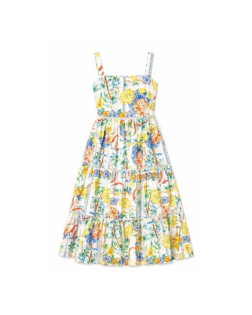 Yumi' White Mediterranean Print Cotton Midi Sun Dress