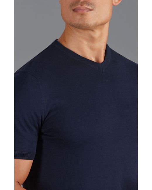 Paul James Knitwear Blue Ultra Fine Cotton Hudson High V Neck Knitted T-Shirt for men