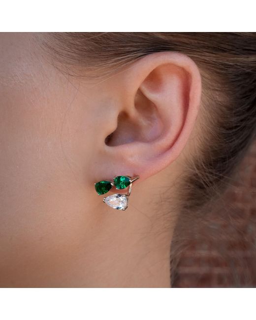 SALLY SKOUFIS Green Pure Suspended Stud Earrings With Made Emeralds & Cz Diamond Stimulant
