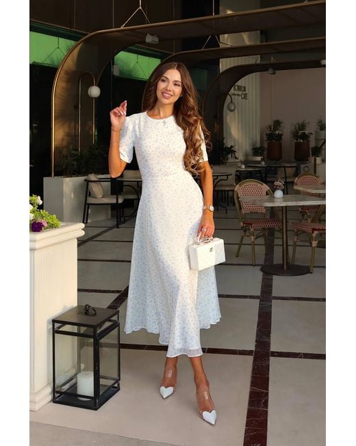 POST MERIDIEM White Light- Short Sleeve Floral Midi Dress