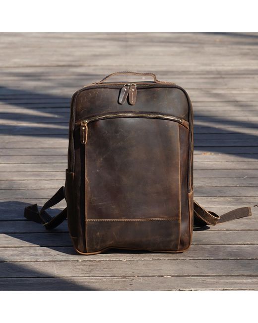 Touri Brown Minimalist Zip Open Leather Backpack for men