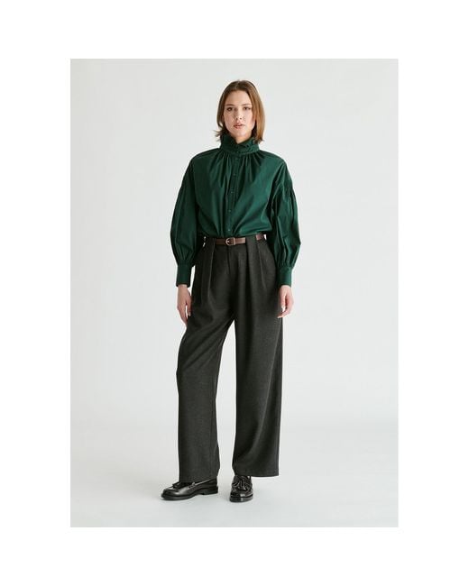 Paisie Green Puff Sleeve Shirt With Ruffled Collar
