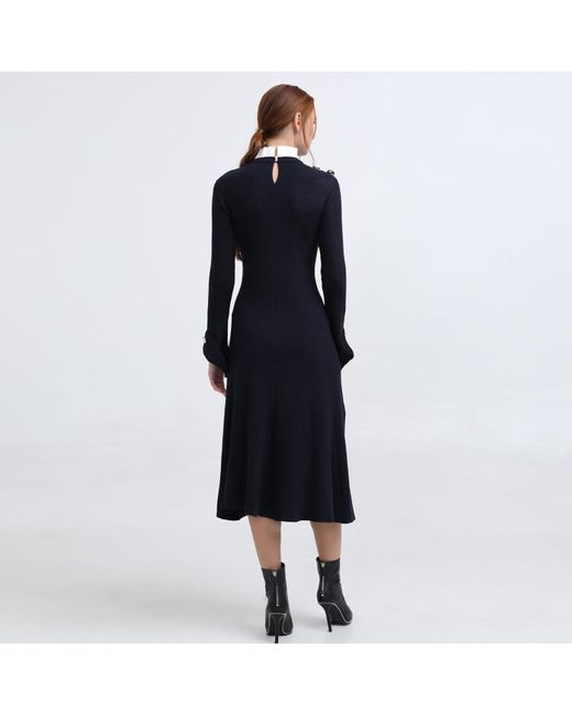Smart and Joy Black Pleats Collar Preppy Knit Midi Dress