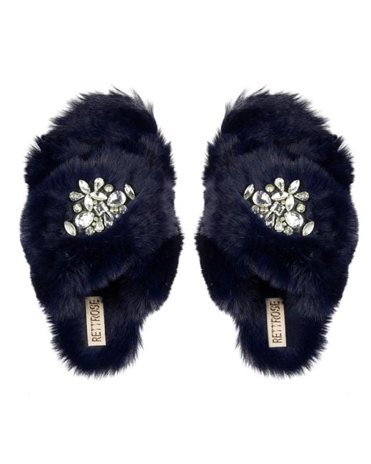 Rettrose Blue Audrey Luxury Plush Diamanté Heart Embellished Handmade Slipper