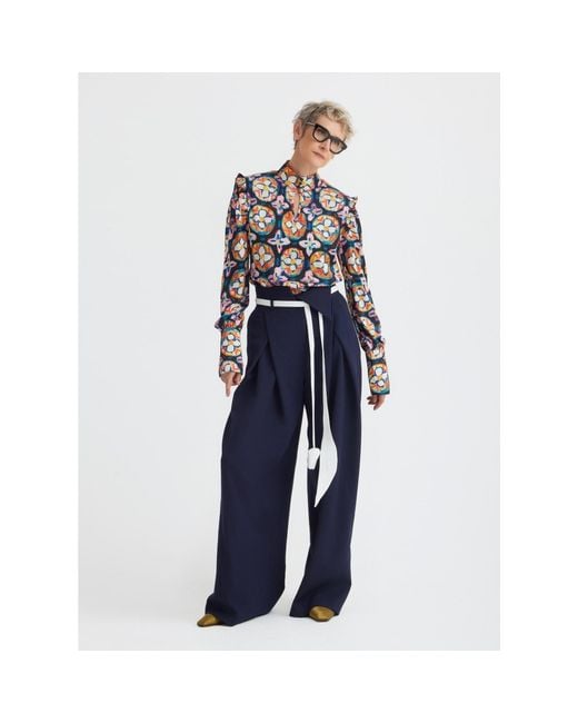 Julia Allert Multicolor Designer Satin Blouse With Bishop Sleeves And Stand Collar – Print