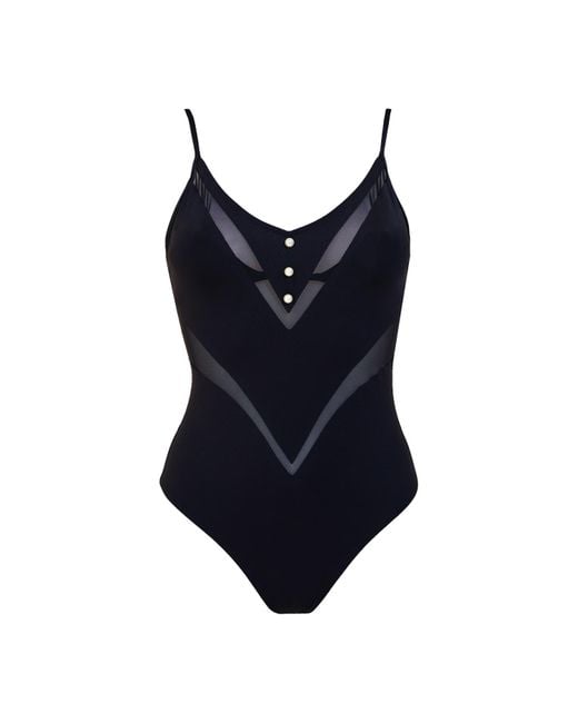Aulala Paris Blue The Pearl V-Illusion One Piece Swimsuit With Mesh Detail