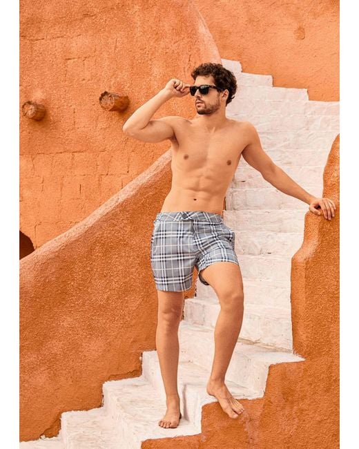 Vayla Gray Long Length Checkered Swim Shorts for men