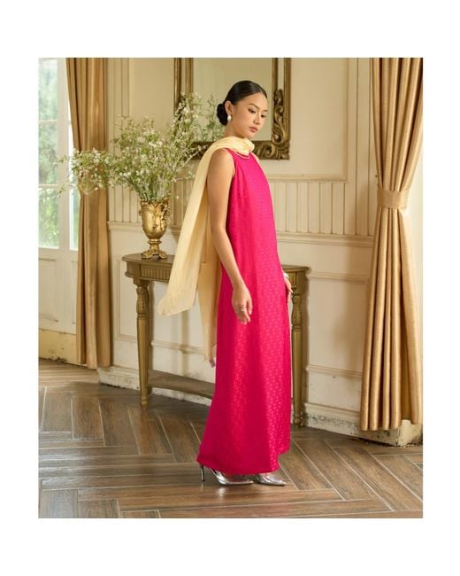 Silk and Bears Pink Aurora Fuchsia Damask Hand-Dyed Silk Jacquard Maxi Dress