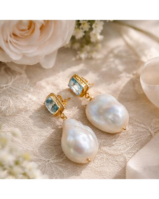 Vintouch Italy Multicolor Luccichio Gold Vermeil Blue Topaz & Pearl Earrings