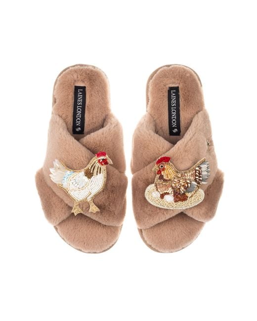 Laines London Brown Neutrals Classic Laines Slippers With Chicken & Hen On Nest Brooches