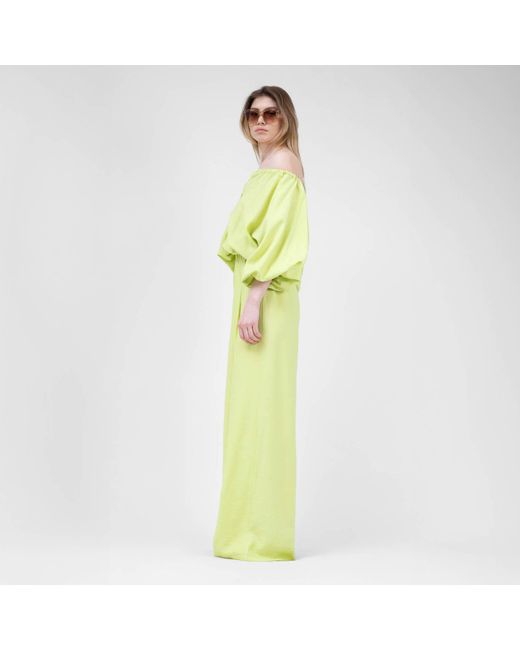 BLUZAT Yellow Neon Linen Matching Set With Flowy Blouse And Wide Leg Trousers