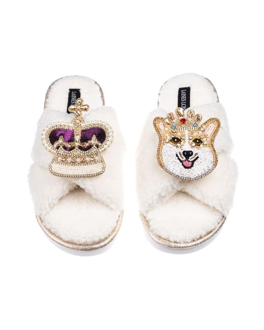 Laines London Metallic Neutrals Laines Neutral Boucle Slippers With Corgi & Crown Brooches
