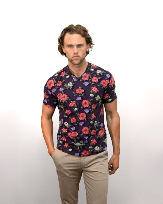 Lords of Harlech Red Floral Cotton V-Neck Tee for men
