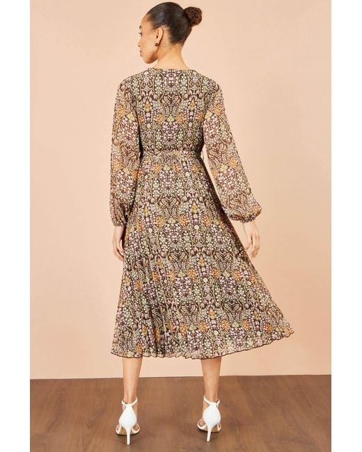 Yumi' Brown Ditsy Floral Pleated Midi Dress