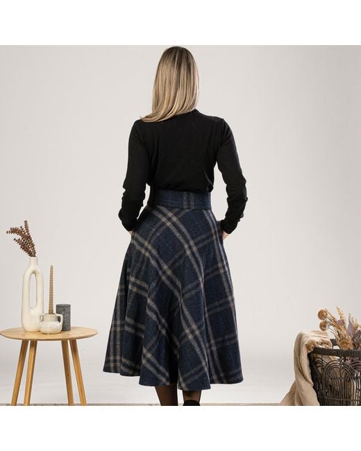 Nikka Place Blue Wool Midi Tartan Skirt With High Waist & Pockets