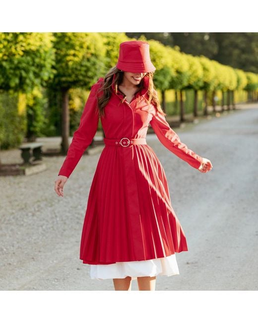 RainSisters Red Fit & Flare A-Line Coat With Pleated Skirt: Scarlet Waltz