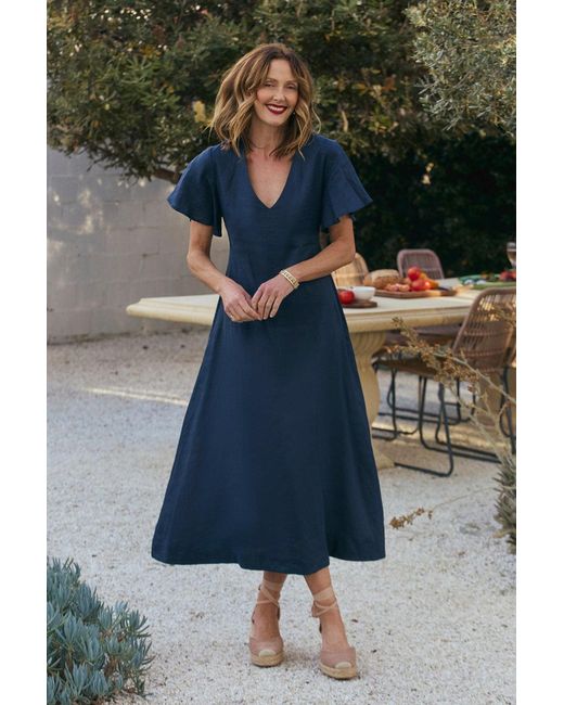 Adrift Clothing Blue Tatum Linen Flutter Sleeve Dress