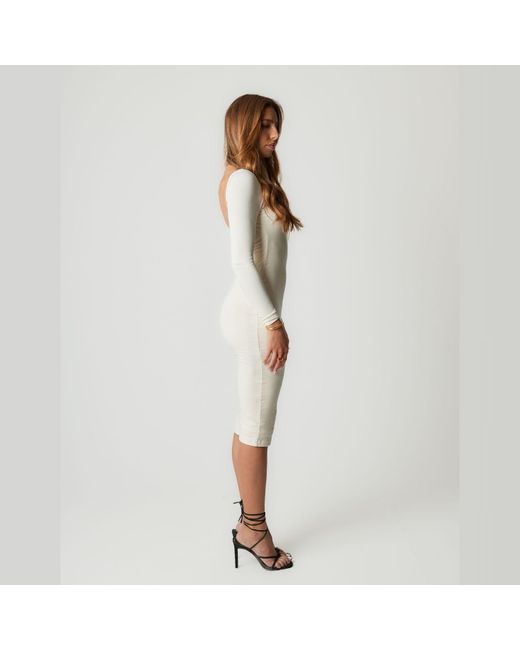 Unum Diem White Neutrals Open Back, Long Sleeve Knit Midi Dress, Neutral