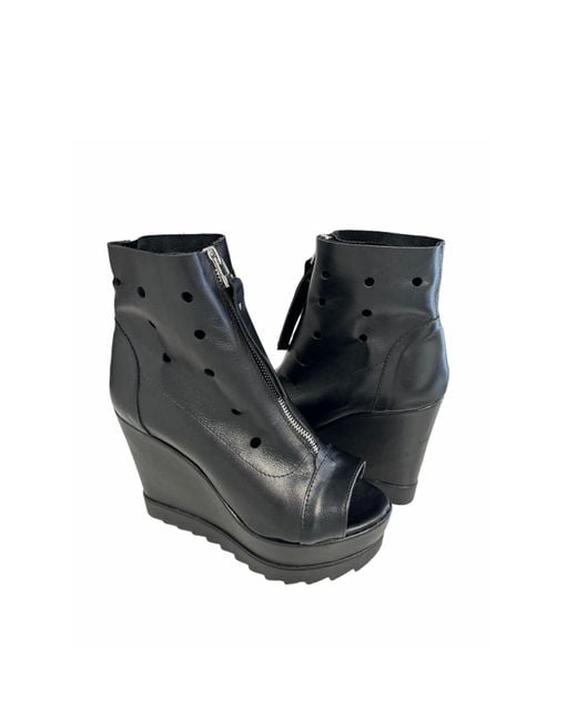 Adrenaline Fashion Black Summer Leather Wedge Boots – Handmade Genuine Leather Open Toe Ankle Boots With Front Zipper
