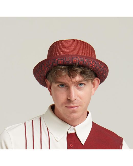 Dasmarca Hats Red Dasmarca Tommy Burgundy Summer Straw Porkpie Hat With Vintage Geometric Prints for men