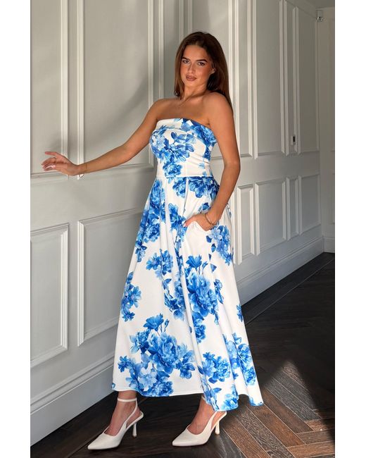 Girl In Mind Blue Danni Strapless Bandeau Midi Dress Floral