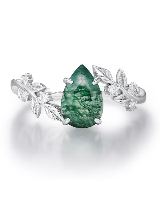 Azura Jewelry New York Green Between The Leaf Pear Moss Agate Ring Vermeil
