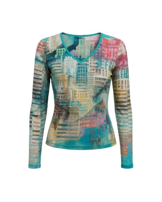 Conquista Blue Cityscape Print V-Neck Long-Sleeve Top