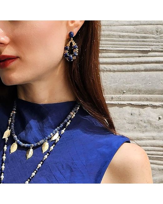 Farra Blue Bohemian Style Sodalite With Leaves Charms Statement Necklace