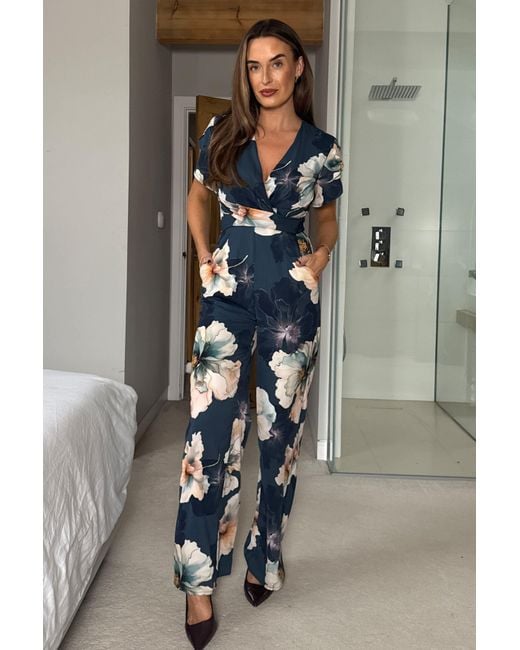 Girl In Mind Blue Bridget Twist Font Split Arm Jumpsuit Floral