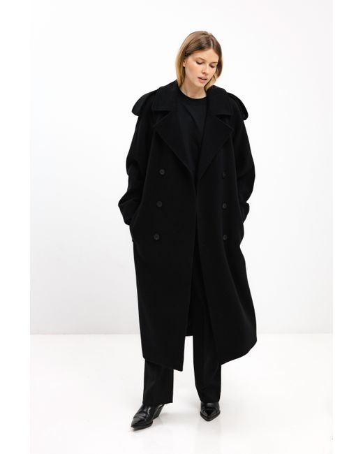 InAvati Black Long Double-Breasted Wool Coat