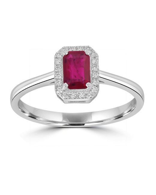 Artisan Metallic Emerald Cut Ruby And Diamond Halo Ring