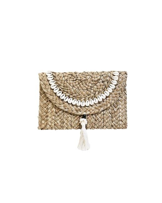 OhSun White Neutrals Xena Straw And Cowrie Shell Clutch