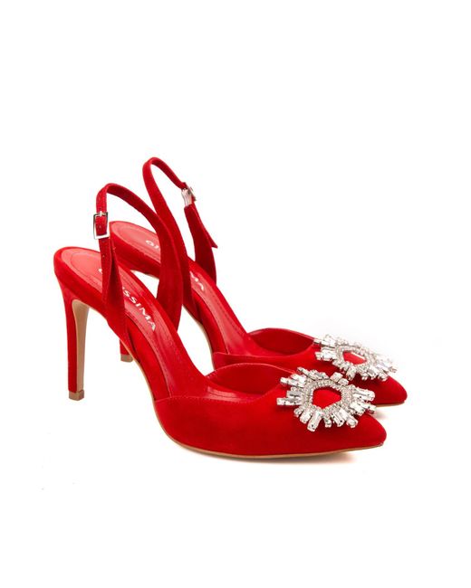 Ginissima Red Alice Shoes With Crystal Brooch