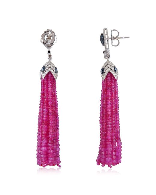 Artisan Pink Beaded Ruby, Spinel & Diamond Tassel Earrings