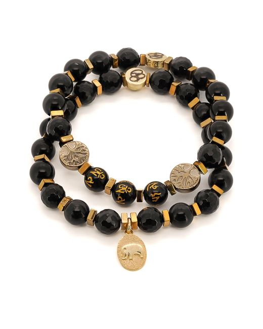 Ebru Jewelry Black Onyx Stone Beaded Elephant Charm Mantra Bracelet Set