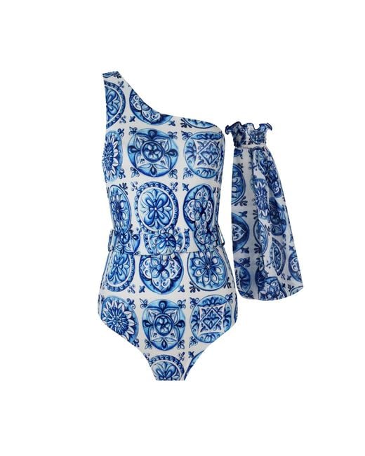 Nur Karaata Blue Soleil Bleu Blanc One-Shoulder Swimsuit