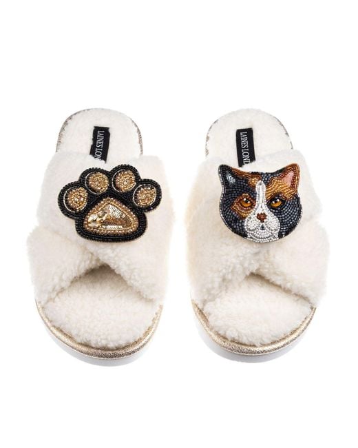 Laines London White Neutrals Boucle Slippers With Paw & Calico British Shorthair Cat Brooches